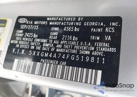 2015 Kia Optima Lx из США, поврежденный, VIN 5XXGM4A74FG519811